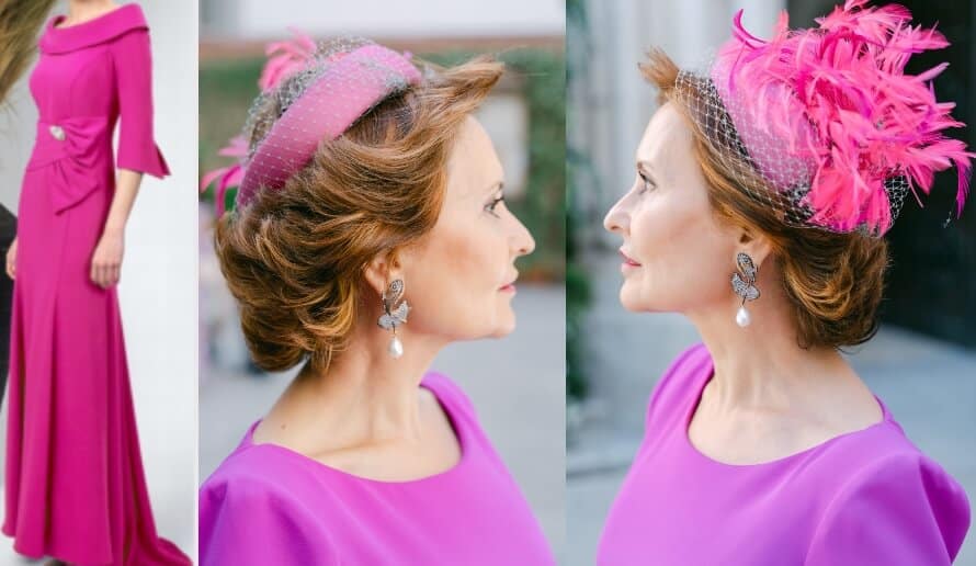 madrina con tocado pillbox plumas y redecilla